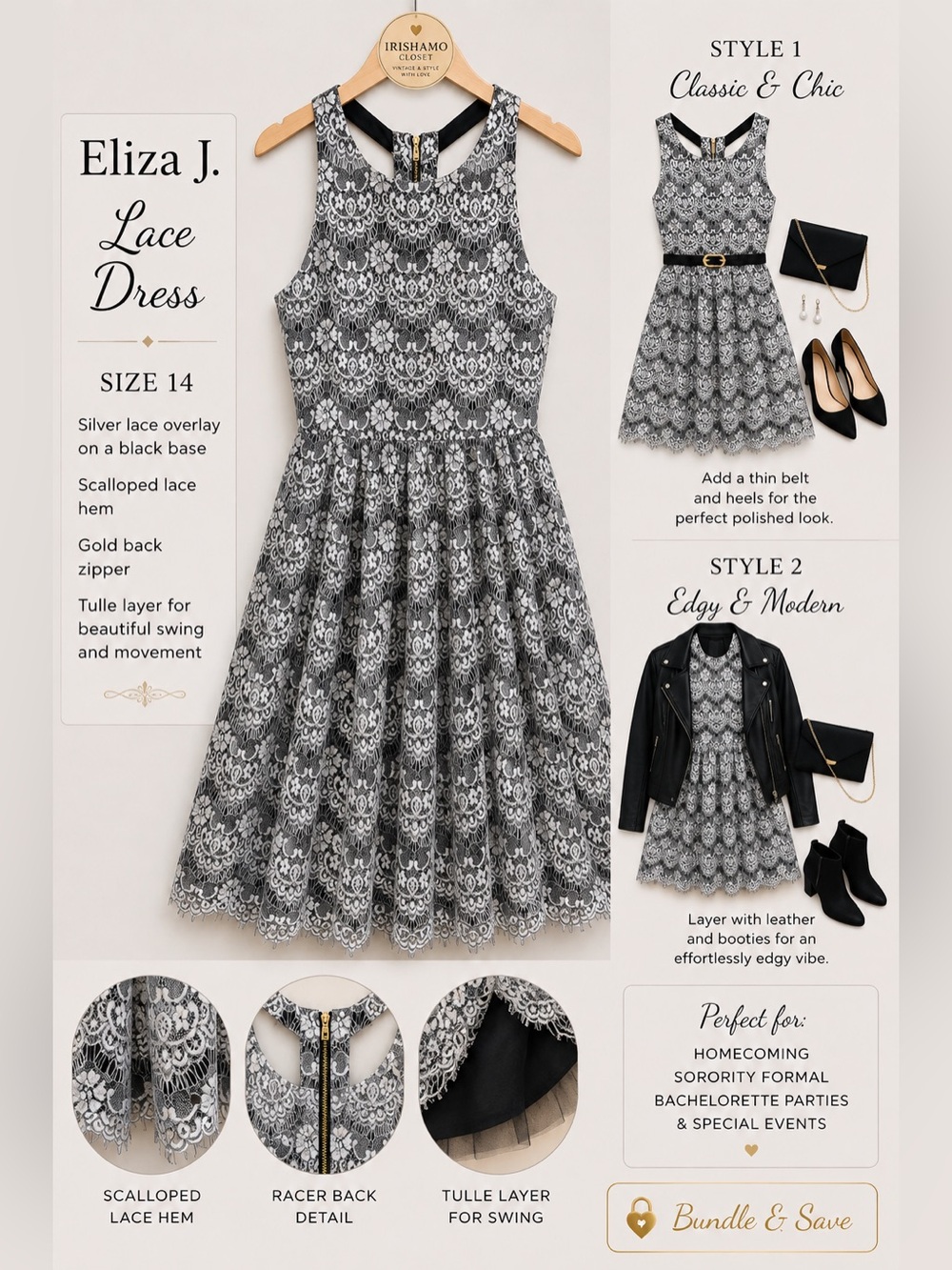 Eliza J Silver and Black Lace Fit and Flare Dress | Racerback Style | Size 14
